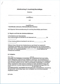 Arbeitsvertrag kurzfristig Beschäftigte Mecklenburg-Vorpom. 